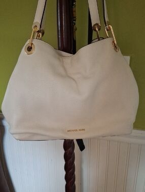 Michael Kors Ivory Pebbled Leather Shoulder Hobo with Gold Hardware